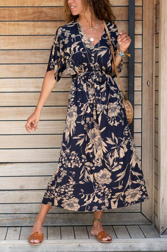 Floral Printed Knitted Crepe Fabric  Waist Belted Short Sleeve Dress - Navy Blue