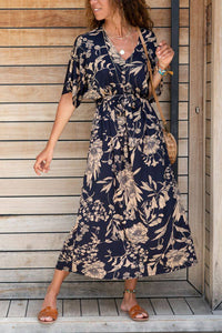 Floral Printed Knitted Crepe Fabric  Waist Belted Short Sleeve Dress - Navy Blue