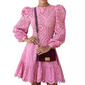 Elegant Hollow Out Dress Women Vintage Solid Pink Long Sleeve Mini Dress