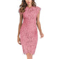Pink Women Elegant Lace Slim Dress Evening Short Sleeve Crochet Hollow Out Pencil Dress