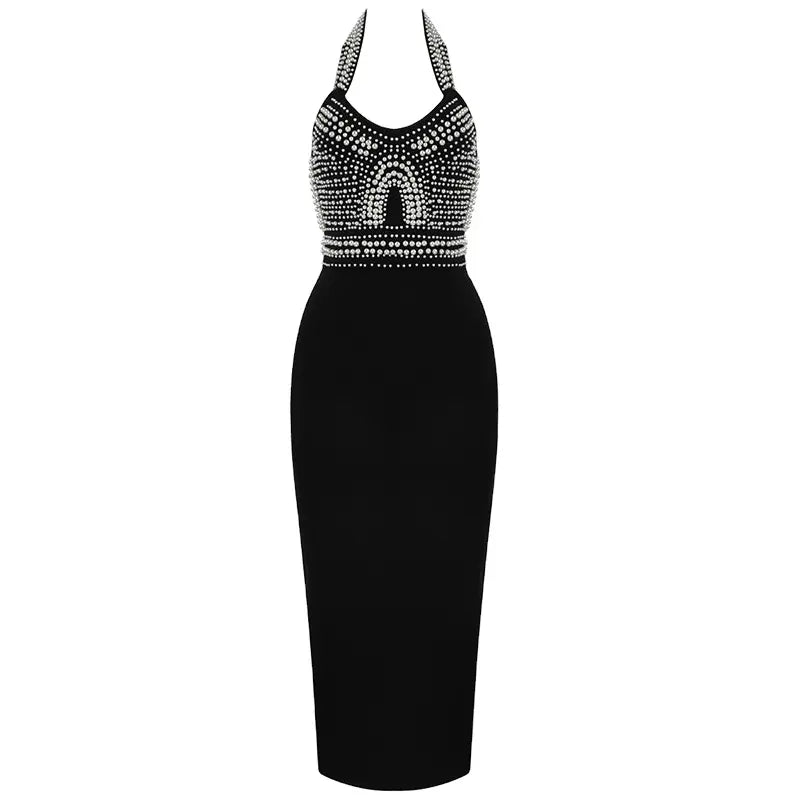 Fashion pearl beading bandage dress bodycon dress sleeveless hip slim fit dress.