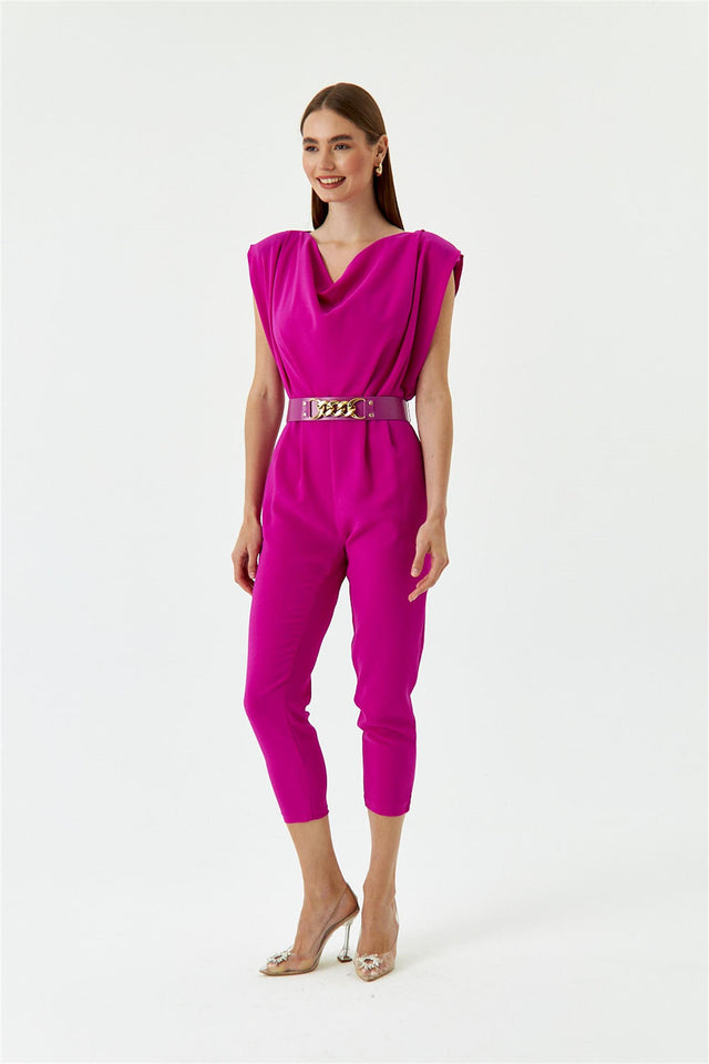 Women's Jumpsuit With Collar Collar Belt - Fuchsia