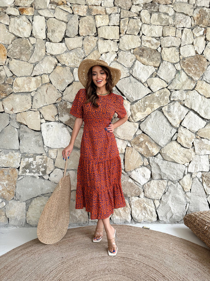 Long Crispy Pattern Dress - Orange