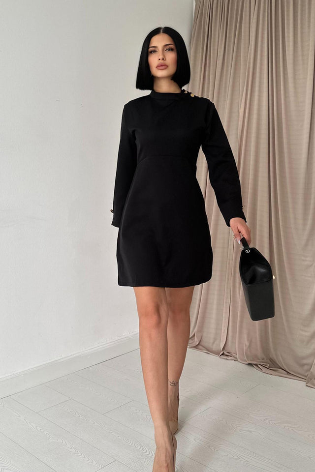 Buttoned Shoulder Dress-Black