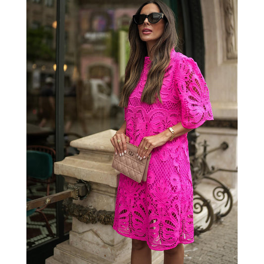 Women's Casual Solid Color Standing Collar Half Sleeve A-Line Dress