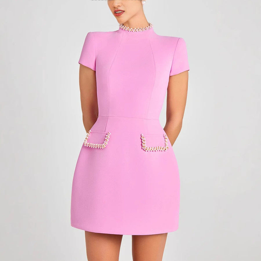 Elegant Dress With High Neck And Short Sleeves In Polyester