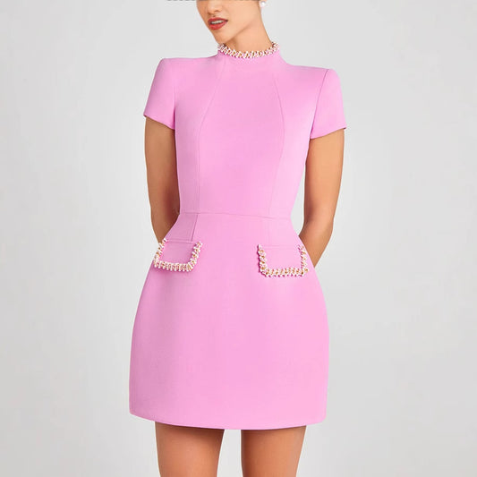 Elegant Dress With High Neck And Short Sleeves In Polyester