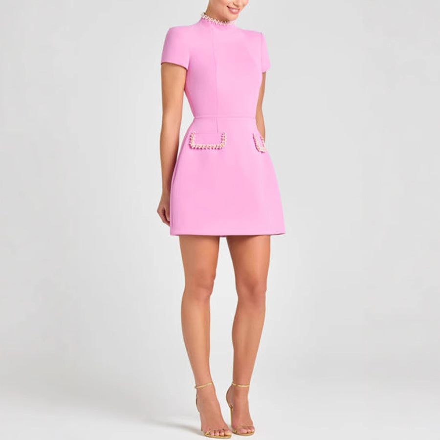 Elegant Dress With High Neck And Short Sleeves In Polyester