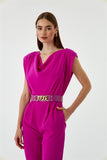 Women's Jumpsuit With Collar Collar Belt - Fuchsia