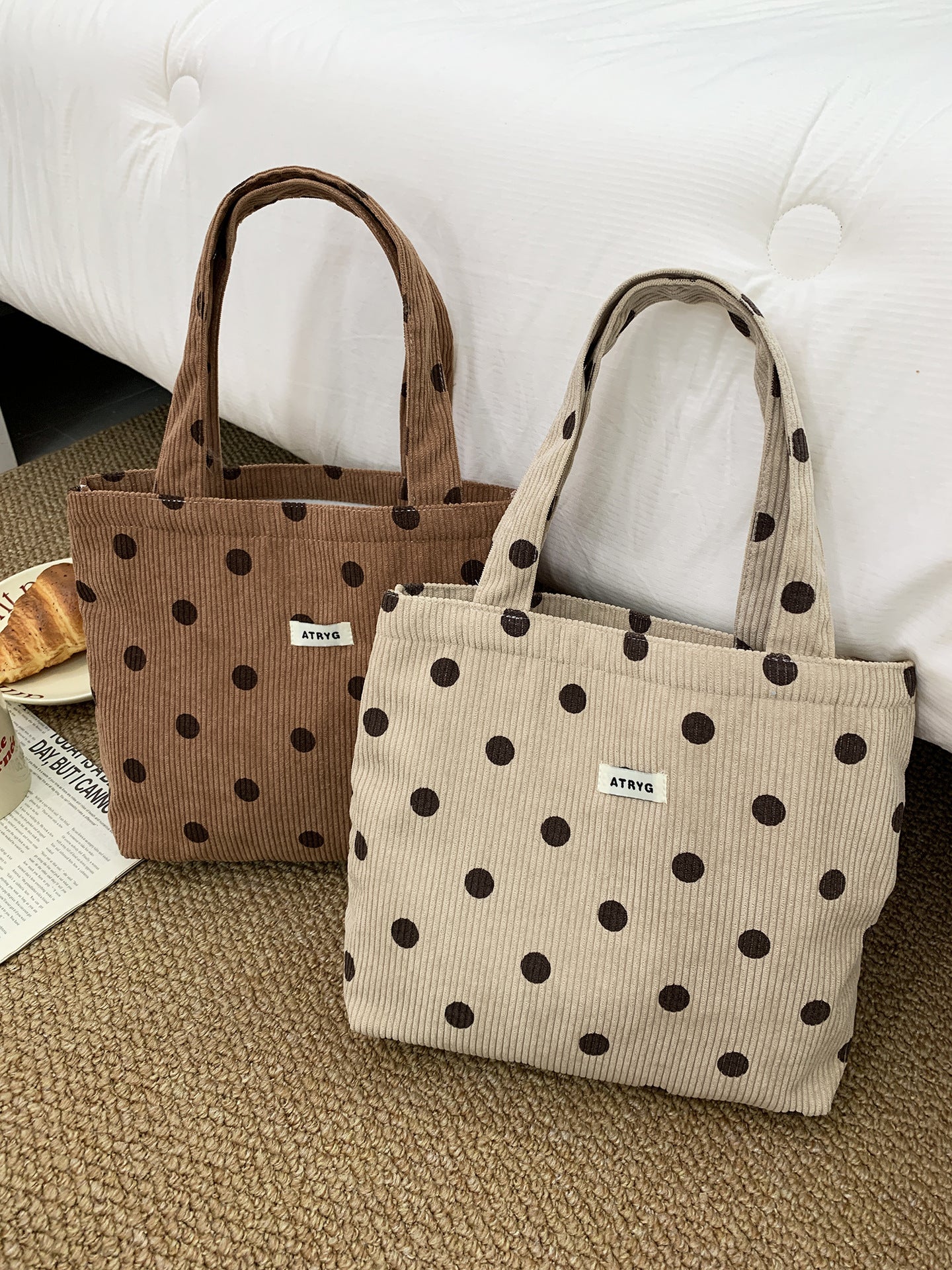 Polka Dots Square Corduroy Handbag  with Double handle