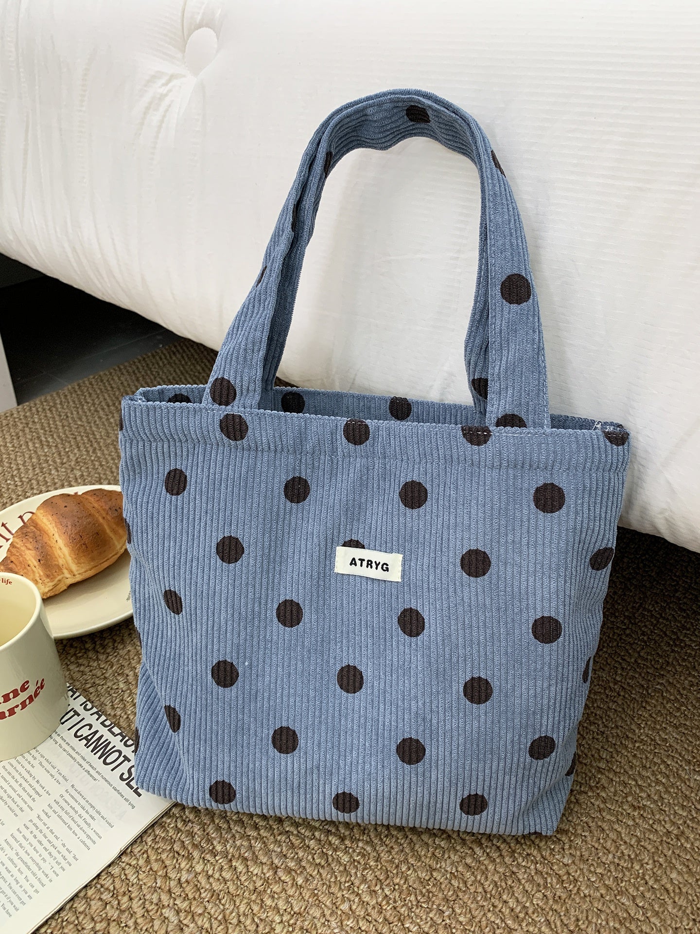 Polka Dots Square Corduroy Handbag  with Double handle
