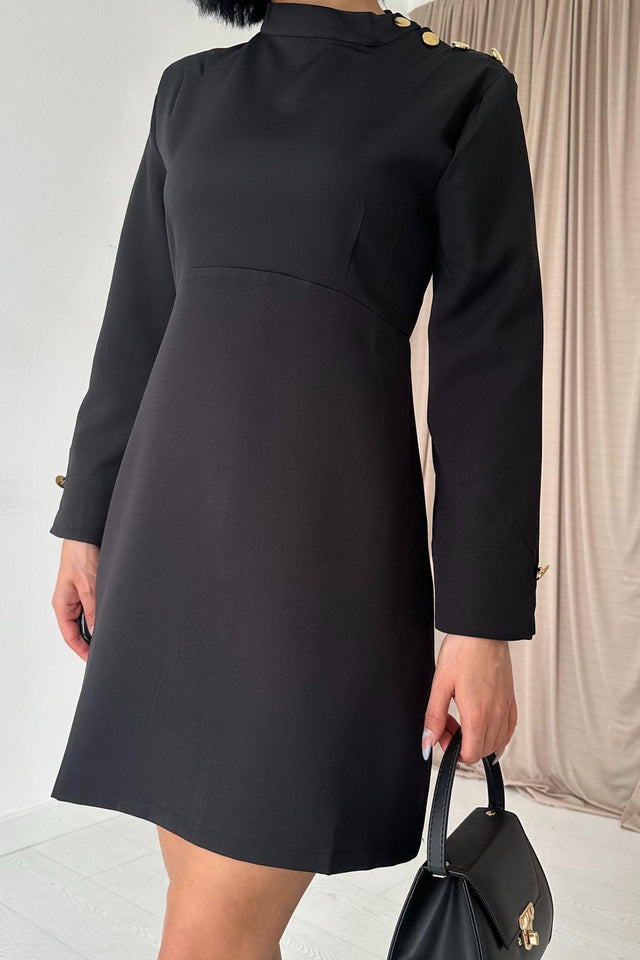 Buttoned Shoulder Dress-Black