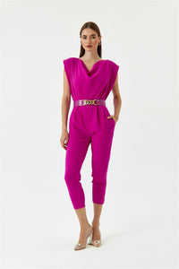 Women's Jumpsuit With Collar Collar Belt - Fuchsia