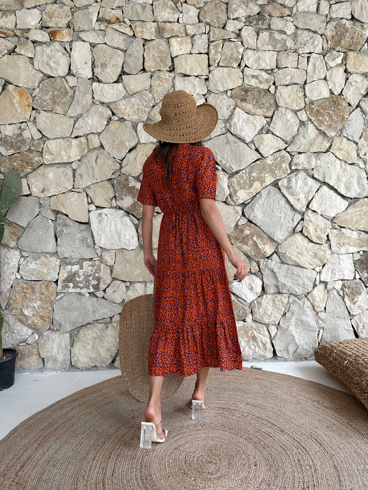 Long Crispy Pattern Dress - Orange