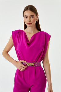 Women's Jumpsuit With Collar Collar Belt - Fuchsia