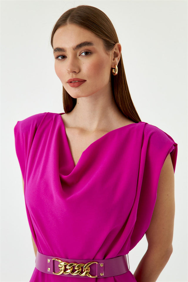 Women's Jumpsuit With Collar Collar Belt - Fuchsia