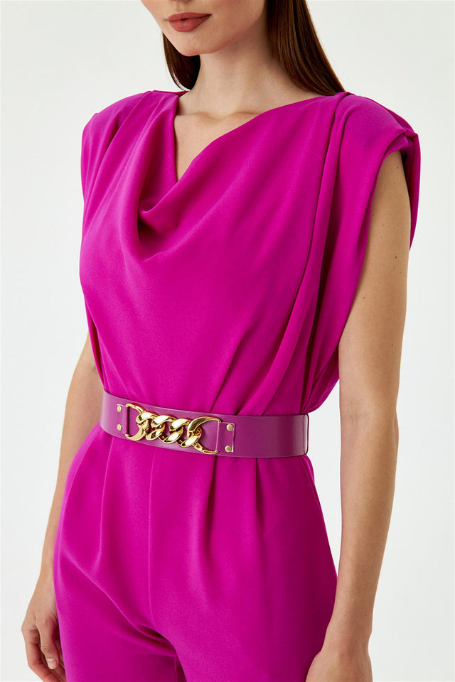 Women's Jumpsuit With Collar Collar Belt - Fuchsia