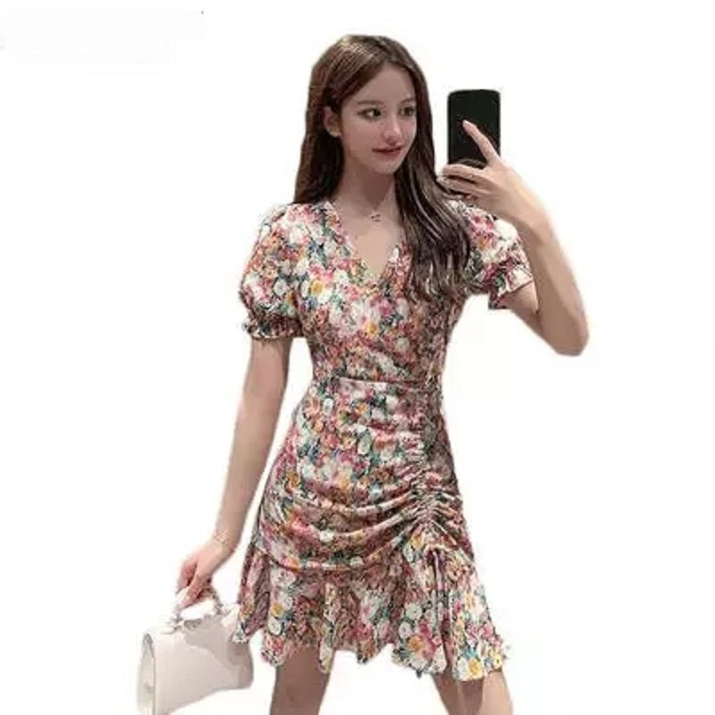 Vintage Floral print dress Women Drawstring Drapped Ruffle Sweat Dress