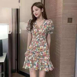 Vintage Floral print dress Women Drawstring Drapped Ruffle Sweat Dress