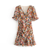 Vintage Floral print dress Women Drawstring Drapped Ruffle Sweat Dress