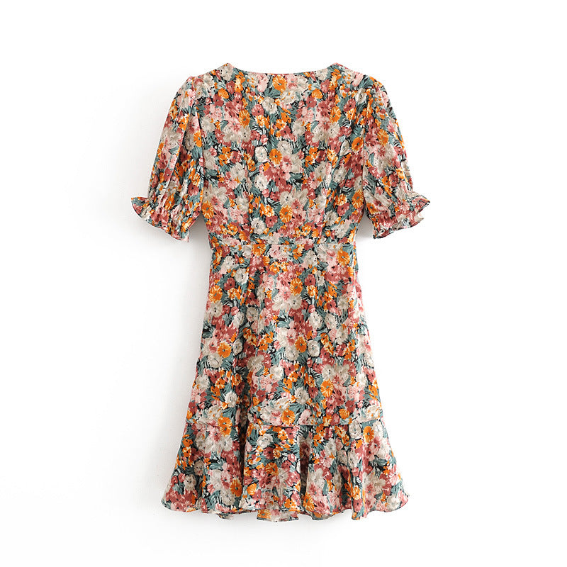 Vintage Floral print dress Women Drawstring Drapped Ruffle Sweat Dress