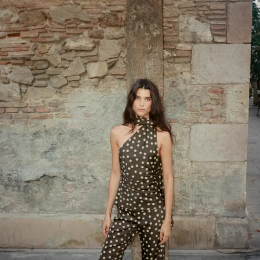 Polka Dot Top With Flared Pants Casual Set  Sleeveless .