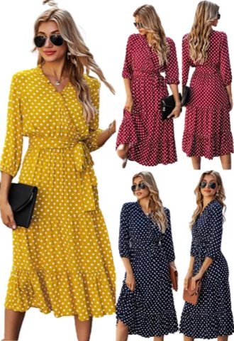 Style classical woven midi print polka dot dress for women