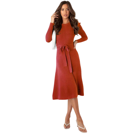 Fashion Long Sleeve knitted dress women's elegant mid length high waist casual sweater dresses