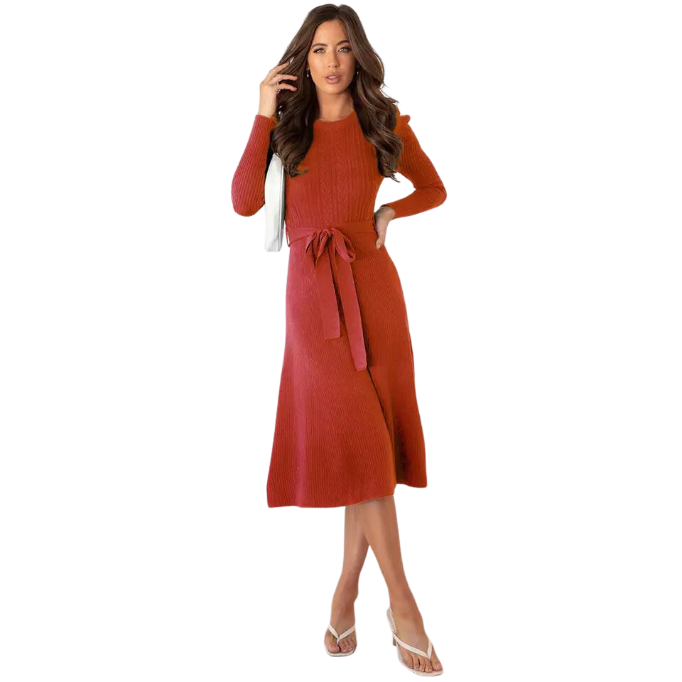 Fashion Long Sleeve knitted dress women's elegant mid length high waist casual sweater dresses