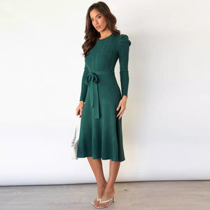 Fashion Long Sleeve knitted dress women's elegant mid length high waist casual sweater dresses