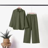 Women's two-piece women's lapel long-sleeved shirt casual solid color pants wide leg suit