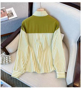 Green shawl striped shirt Women's  loose fitting long sleeve Top