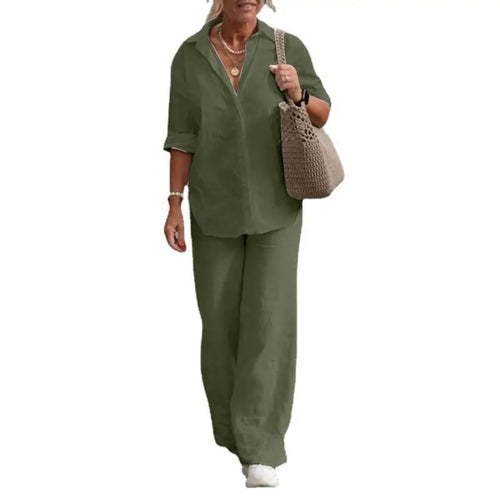 Women's two-piece women's lapel long-sleeved shirt casual solid color pants wide leg suit