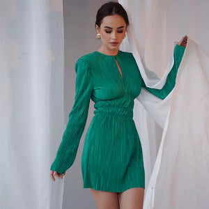 New women's fashion french long-sleeved pleated dress a-line hollow casual short dress.