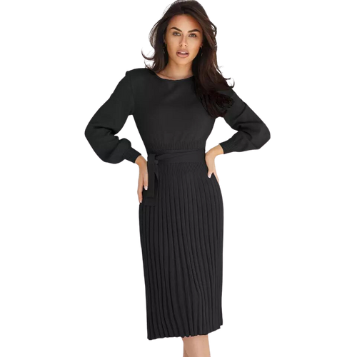 WOMEN'S NEW FASHION KNITTED DRESS, DRESS CASUAL PLEATED MID-LENGTH SWEATER DRESS.