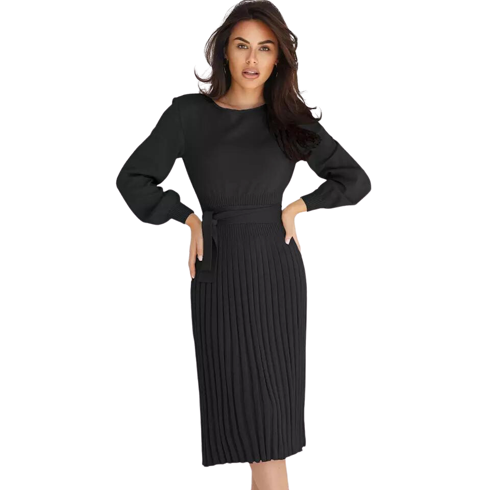 WOMEN'S NEW FASHION KNITTED DRESS, DRESS CASUAL PLEATED MID-LENGTH SWEATER DRESS.