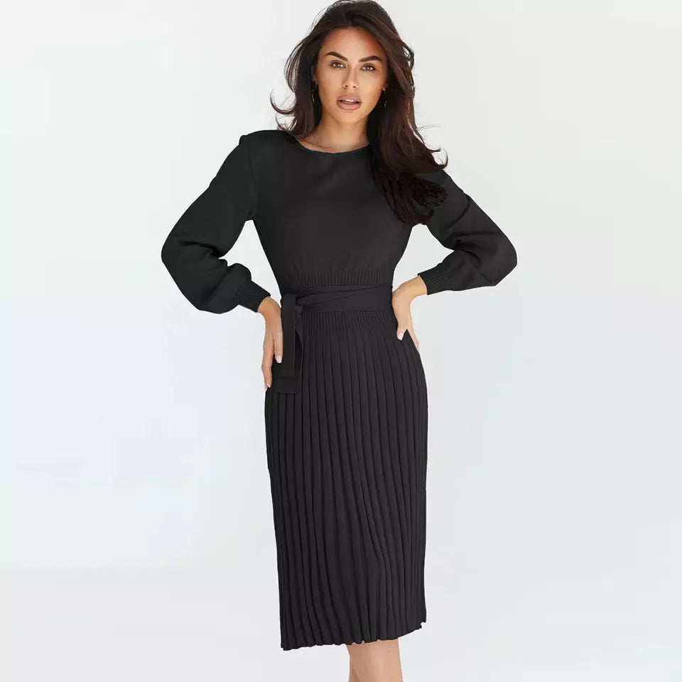 WOMEN'S NEW FASHION KNITTED DRESS, DRESS CASUAL PLEATED MID-LENGTH SWEATER DRESS.