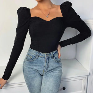 New Fashion Women Long Sleeve Top V Neck Formal  Shirt Square Collar Top Fashion solid top.