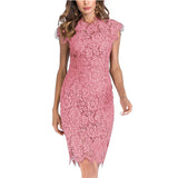 Pink Women Elegant Lace Slim Dress Evening Short Sleeve Crochet Hollow Out Pencil Dress