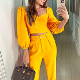 New Solid Color Fashion Small Crop Top + Pants Feet Pants Suit Ladies 2 Piece Set.