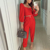 New Solid Color Fashion Small Crop Top + Pants Feet Pants Suit Ladies 2 Piece Set.