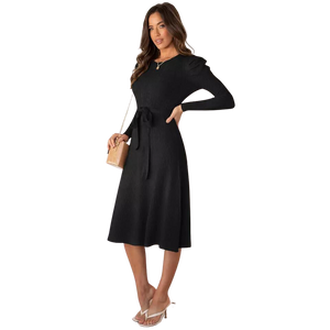 Fashion Long Sleeve knitted dress women's elegant mid length high waist casual sweater dresses