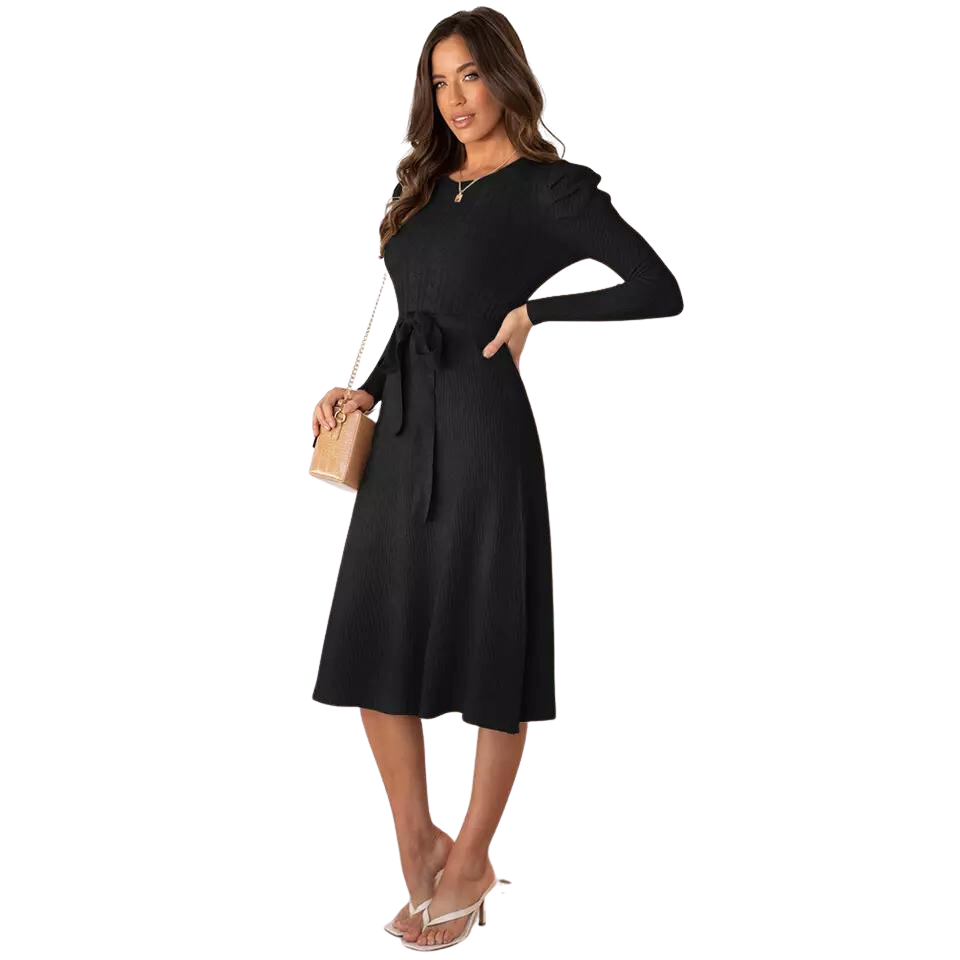 Fashion Long Sleeve knitted dress women's elegant mid length high waist casual sweater dresses