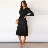 Fashion Long Sleeve knitted dress women's elegant mid length high waist casual sweater dresses