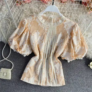 Puff Sleeve Chiffon Shirts Solid Crew Neck Women Blouse Sweet Ruffles Patchwork Female Loose Short Sleeve Top