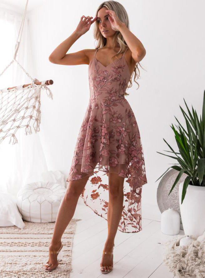 Pink lace halter dress with flowers