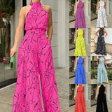 Women's Fashion Print Waist Tie up Sleeveless Fashion Jumpsuit.