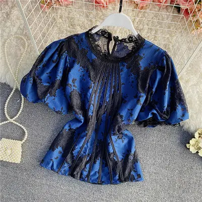 Puff Sleeve Chiffon Shirts Solid Crew Neck Women Blouse Sweet Ruffles Patchwork Female Loose Short Sleeve Top