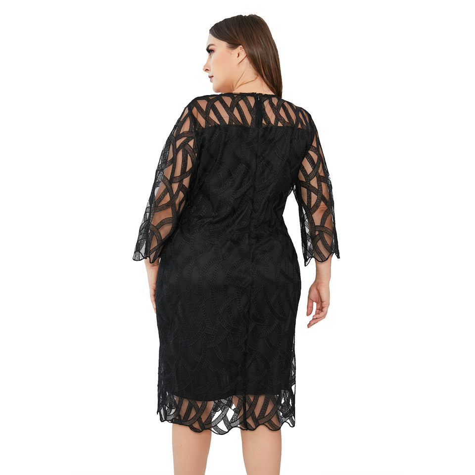 Lace Patchwork Long Sleeve Midi Casual large size woman dress