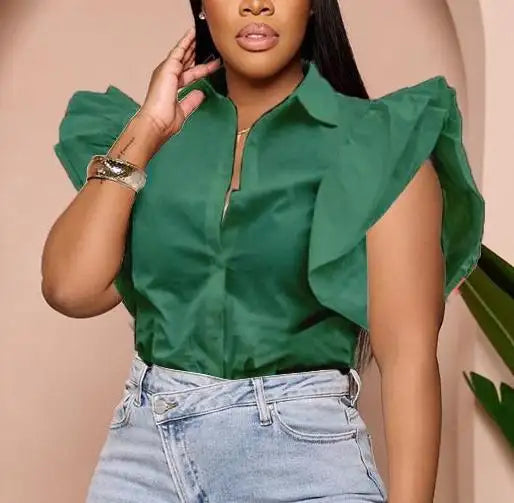 Women's shirt Solid color lotus leaf sleeve flower petal sleeve commuter Top V-neck short sleeve shirt.